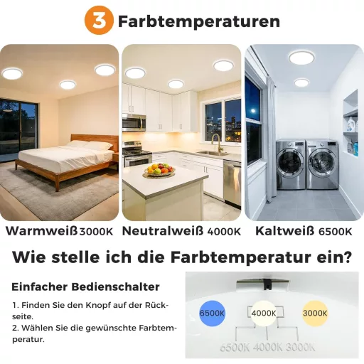 Lampă de tavan cu LED slochi, 16 cm, rotundă, rezistentă la apă, 3 temperaturi de culoare, 12W, 1500lm, pentru baie - 1 bucată, alb