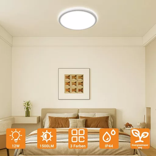 Lampă de tavan cu LED slochi, 16 cm, rotundă, rezistentă la apă, 3 temperaturi de culoare, 12W, 1500lm, pentru baie - 1 bucată, alb
