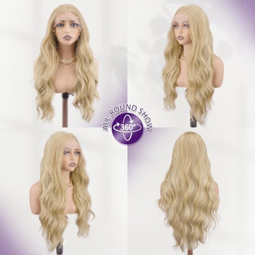 FESHFEN hosszú göndör szintetikus paróka HD csipkével sötét szőke 70 cm