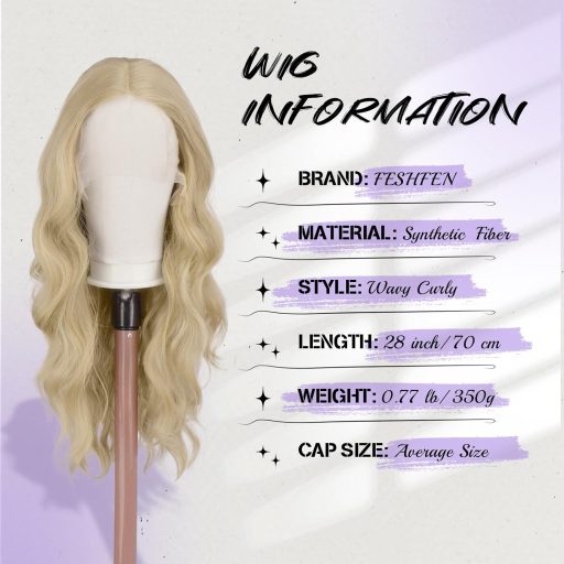 FESHFEN hosszú göndör szintetikus paróka HD csipkével sötét szőke 70 cm