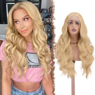   FESHFEN hosszú göndör szintetikus paróka HD csipkével szőke 70 cm