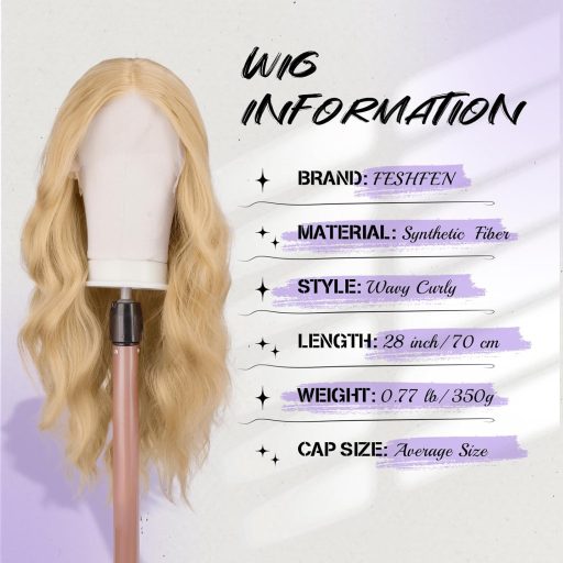 FESHFEN hosszú göndör szintetikus paróka HD csipkével szőke 70 cm