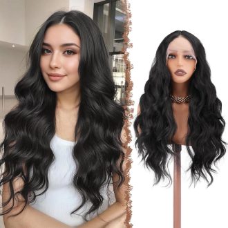   FESHFEN hosszú göndör szintetikus paróka HD csipke fronttal női fekete 70cm