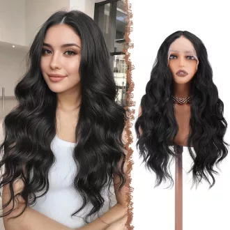   Perucă sintetică lungă și ondulată FESHFEN cu dantelă frontală HD pentru femei, negru, 70 cm