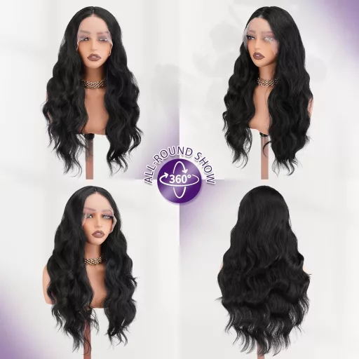 Perucă sintetică lungă și ondulată FESHFEN cu dantelă frontală HD pentru femei, negru, 70 cm