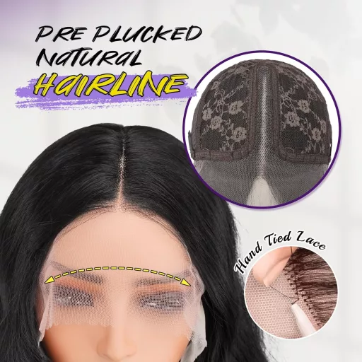Perucă sintetică lungă și ondulată FESHFEN cu dantelă frontală HD pentru femei, negru, 70 cm