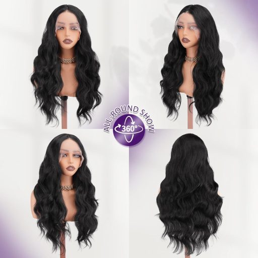 FESHFEN hosszú göndör szintetikus paróka HD csipke fronttal női fekete 70cm