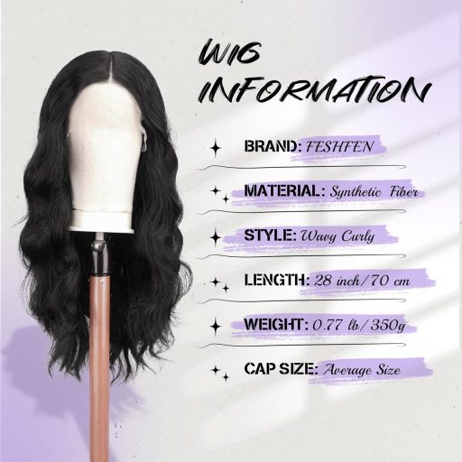 FESHFEN hosszú göndör szintetikus paróka HD csipke fronttal női fekete 70cm