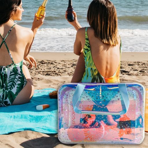 TotePrint holografická kozmetická taška s motívom modrých hviezd, vodoodolná