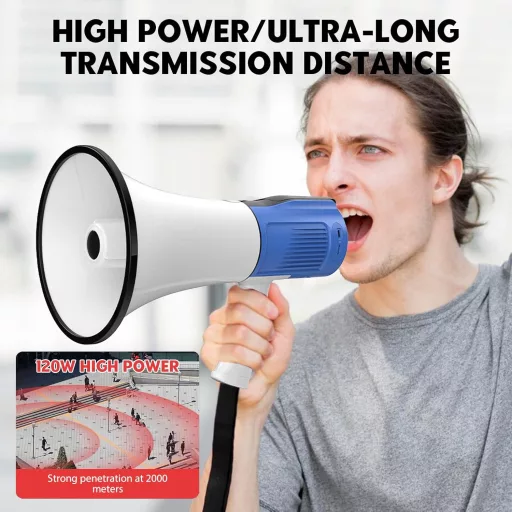 Kensbro 120W Megafon Sírénával, Mikrofonnal és Bluetooth Funkcióval, 2000M Hatótáv