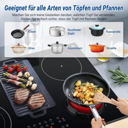 AMZCHEF 77 cm vstavaná sklokeramická varná doska s 5 zónami – oválna a trojitá zóna, 9 úrovní výkonu, časovač, bezpečnostný zámok, 8500 W