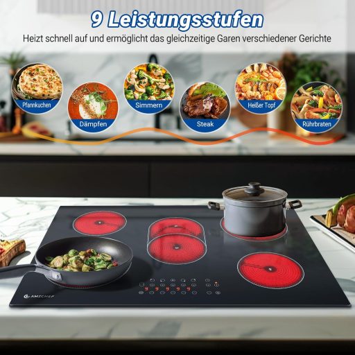 AMZCHEF Plită Incorporabilă din Vitroceramică de 77 cm cu 5 Zone - Zone Ovale și Triple, 9 Nivele de Putere, Timer, Blocare de Siguranță, 8500W