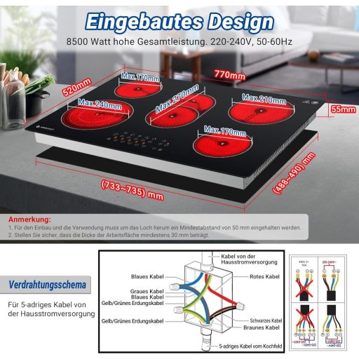 AMZCHEF Plită Incorporabilă din Vitroceramică de 77 cm cu 5 Zone - Zone Ovale și Triple, 9 Nivele de Putere, Timer, Blocare de Siguranță, 8500W