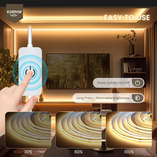 KSIBNW USB COB LED szalag 1m, 5V dimmelhető meleg fehér 3000K, önragasztós TV háttérvilágítás