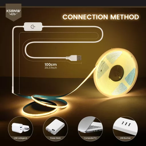 KSIBNW USB COB LED szalag 1m, 5V dimmelhető meleg fehér 3000K, önragasztós TV háttérvilágítás