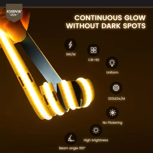 KSIBNW USB COB LED szalag 1m, 5V dimmelhető meleg fehér 3000K, önragasztós TV háttérvilágítás