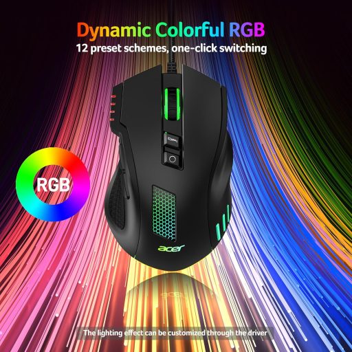 Acer Wired Gaming Mouse 12800 DPI RGB, 8 Gomb, 1000Hz, Ergonomikus Gamer Egér