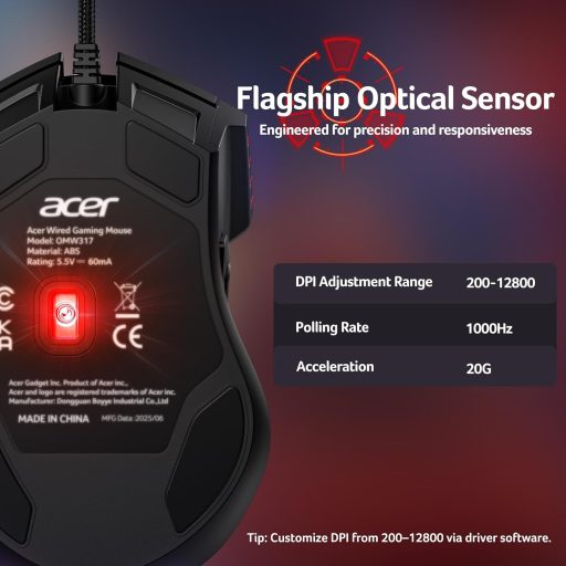 Acer Wired Gaming Mouse 12800 DPI RGB, 8 Gomb, 1000Hz, Ergonomikus Gamer Egér