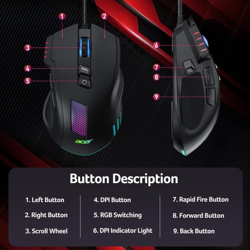 Acer Wired Gaming Mouse 12800 DPI RGB, 8 Gomb, 1000Hz, Ergonomikus Gamer Egér