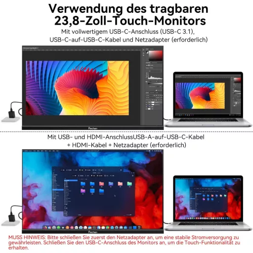 Monitor portabil cu ecran tactil Prechen de 23,8", USB-C, HDMI, 1080P