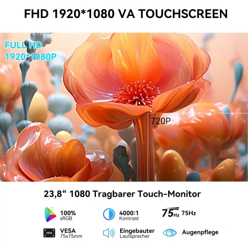 Monitor portabil cu ecran tactil Prechen de 23,8", USB-C, HDMI, 1080P