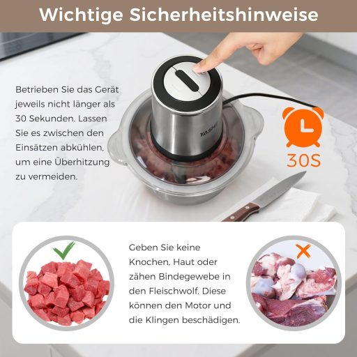 YASHE Elektromos Aprító 500W, 1.8L Rozsdamentes Acél Tál, 4 Dupla Penge, 2 Sebesség