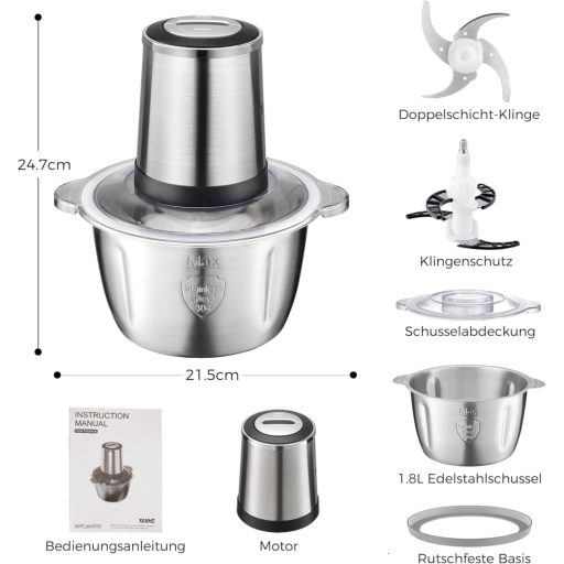 YASHE Elektromos Aprító 500W, 1.8L Rozsdamentes Acél Tál, 4 Dupla Penge, 2 Sebesség