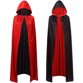   Lxing Červeno-čierny obojstranný plášť s kapucňou, halloweensky kostým 140 cm