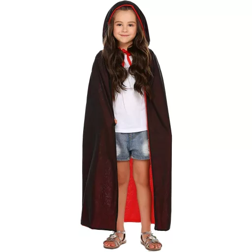 Lxing Červeno-čierny obojstranný plášť s kapucňou, halloweensky kostým 140 cm