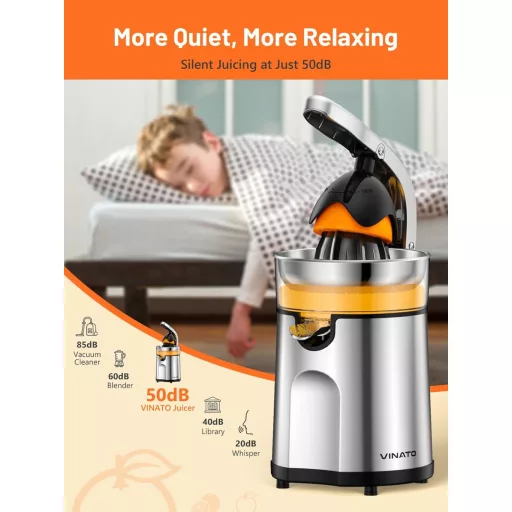 VINATO Elektromos Citrusprés Rozsdamentes Acél 2 Préskúppal Automatikus Narancsprés