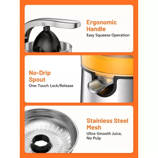 VINATO Elektromos Citrusprés Rozsdamentes Acél 2 Préskúppal Automatikus Narancsprés