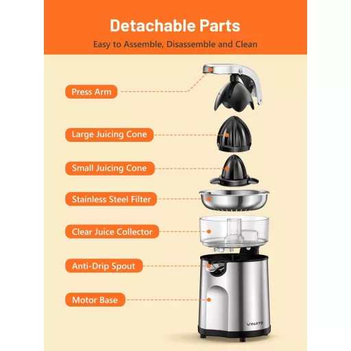 VINATO Elektromos Citrusprés Rozsdamentes Acél 2 Préskúppal Automatikus Narancsprés