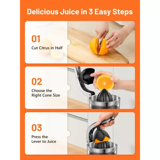 VINATO Elektromos Citrusprés Rozsdamentes Acél 2 Préskúppal Automatikus Narancsprés