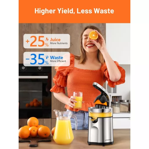 VINATO Elektromos Citrusprés Rozsdamentes Acél 2 Préskúppal Automatikus Narancsprés