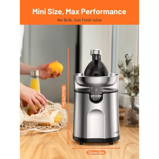 VINATO Elektromos Citrusprés Rozsdamentes Acél 2 Préskúppal Automatikus Narancsprés