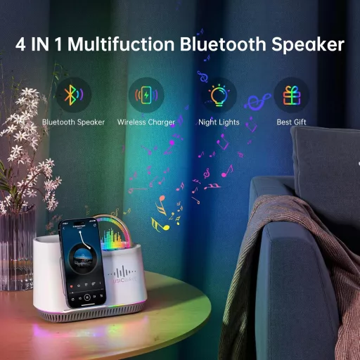 AUYLE Bluetooth hangszóró éjszakai lámpa vezeték nélküli töltővel RGB világítás