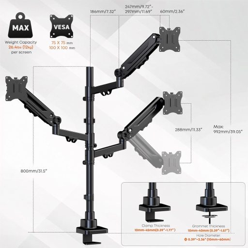 PUTORSEN 3 monitoros tartó 17-35 hüvelyk, magasságállítható, 12 kg/kar, forgatható dönthető