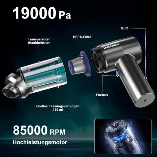 HYCHIKA Kézitartású Vezeték Nélküli Porszívó 19 kPa, 2600 mAh Akkumulátor, Autó és Kanapé Tisztításhoz