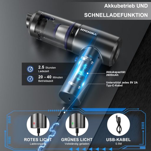 HYCHIKA Kézitartású Vezeték Nélküli Porszívó 19 kPa, 2600 mAh Akkumulátor, Autó és Kanapé Tisztításhoz