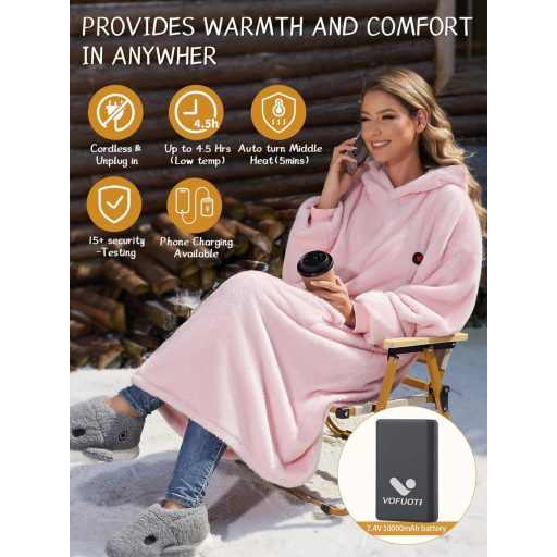 Pătură cu Glugă Încălzită și Mâneci Vofuoti, Pătură Electrică Fără Fir pentru Femei