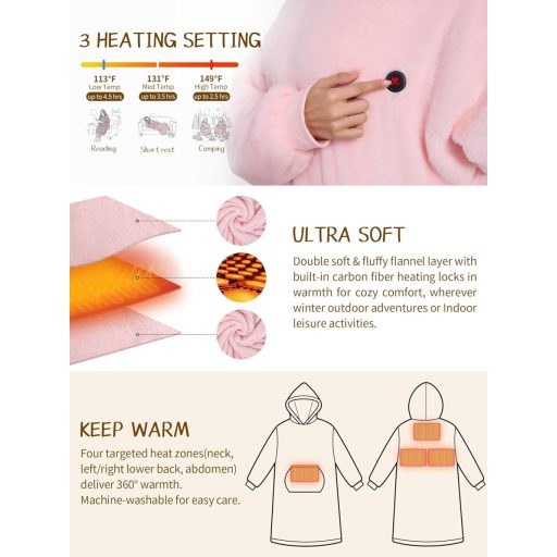 Pătură cu Glugă Încălzită și Mâneci Vofuoti, Pătură Electrică Fără Fir pentru Femei