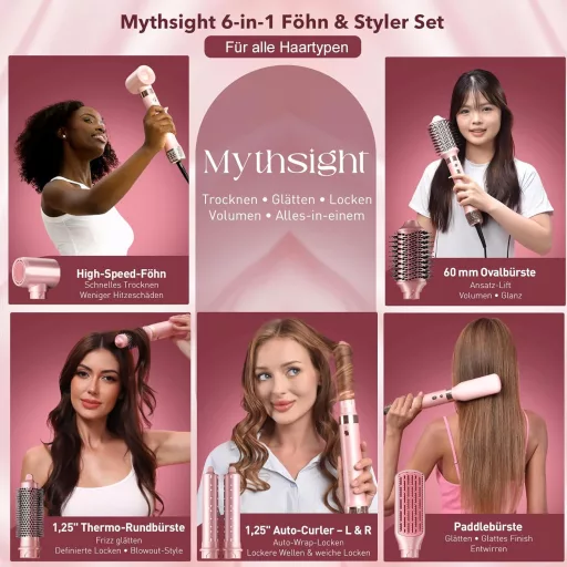 Mythsight Airstyler 6 az 1-ben ionos hajszárító göndörítő utazótáskával - Pink