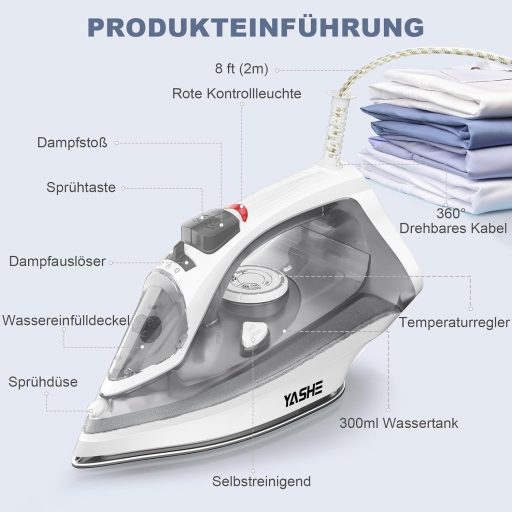 YASHE 2300W Gőzvasaló Gyorsfűtéses Tapadásmentes Talppal 300ml Tartály