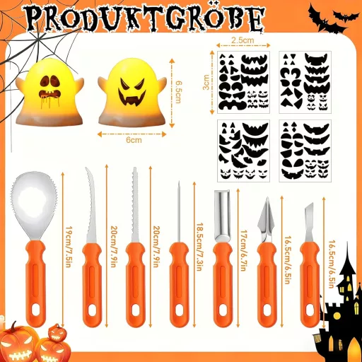 REDKNOT Súprava na vyrezávanie halloweenskych tekvíc, 7-dielna, s LED osvetlením a šablónami