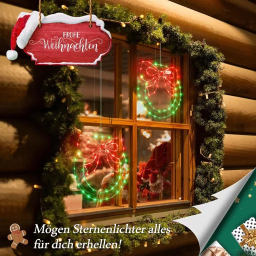 Ollny Karácsonyi LED Koszorú Ablakdísz 160 LED 8 Mód Időzítő 2db Piros Zöld