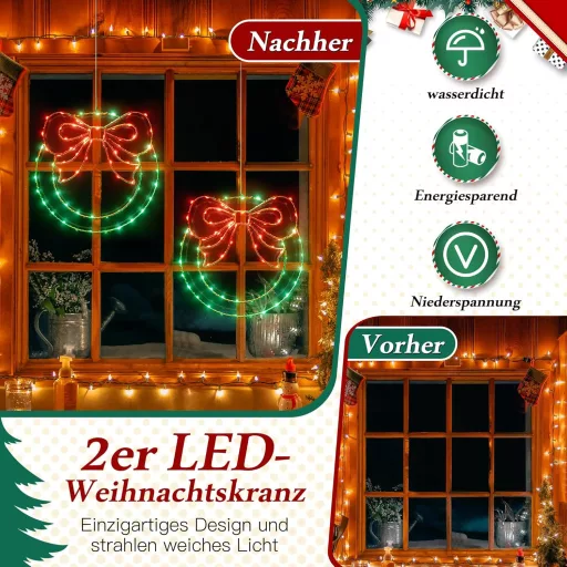 Ollny Karácsonyi LED Koszorú Ablakdísz 160 LED 8 Mód Időzítő 2db Piros Zöld