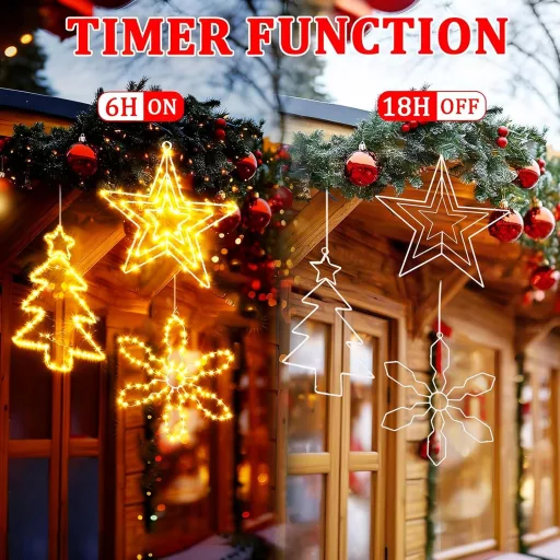 Set 3 decorațiuni luminoase LED de Crăciun yowin (Stea/Brad/Fulg de nea) cu temporizator