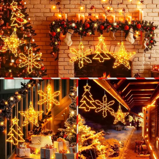 Set 3 decorațiuni luminoase LED de Crăciun yowin (Stea/Brad/Fulg de nea) cu temporizator