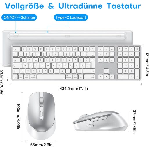 OMOTON Wireless Bluetooth Billentyűzet és Egér szett Mac-hez, QWERTZ német layout, újratölthető