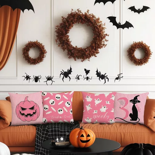 Moerstar Halloween set navlaka za jastuke 45x45cm s uzorkom bundeva, duhova i šišmiša, 4 komada.